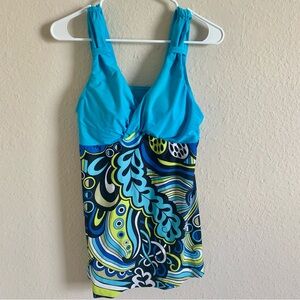 Women’s Blue Peacock Print Swim Dress Tankini Size Large